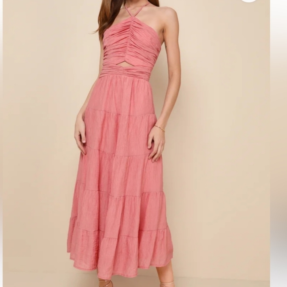 LULUS Effortless Sweetness Rusty Rose Ruched Lace-Up Tiered Midi Dress Sz XL - Picture 14 of 14